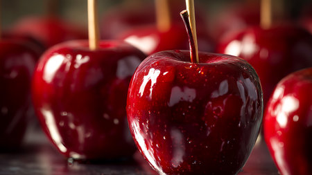 Candy apples on a wooden background. Selective focus. Shallow depth of field.の素材