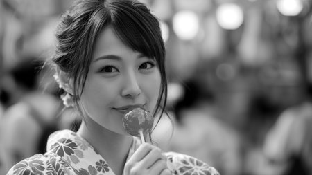 Asian woman eating lollipop in black and white, selective focusの素材