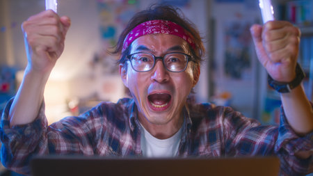 Young Asian man working late at night in his home office using a laptop computer.の素材