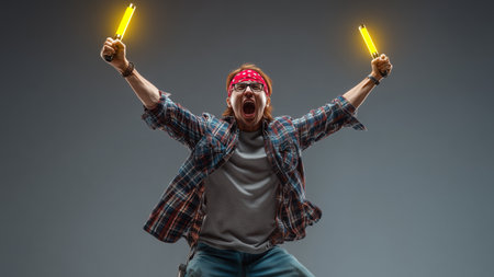 Young man in checkered shirt with neon light on his headの素材