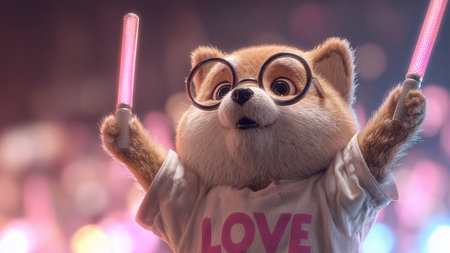 Cute dog in glasses holding a magic wand in the shape of a heartの素材