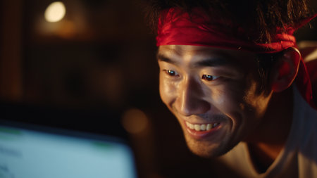 Portrait of a young man in red bandana looking at the camera while using a laptop at nightの素材