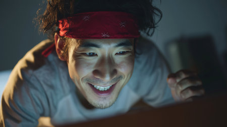 young attractive and happy Asian Korean man in red bandana and headband using laptop computer at home in internet addiction and social media addiction conceptの素材