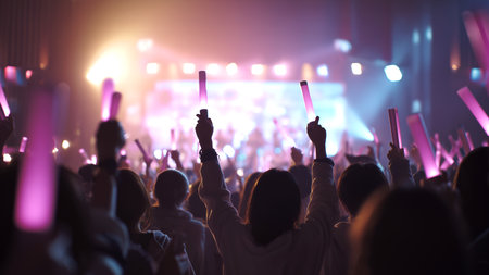 Cheering crowd at a concert in front of a bright stage lightsの素材