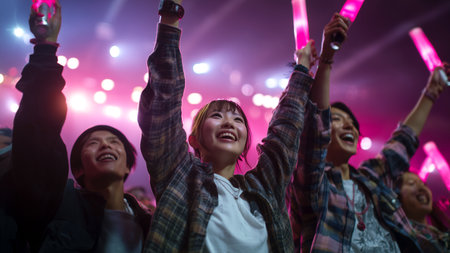 Cheering crowd at a concert in front of a bright stage lightsの素材