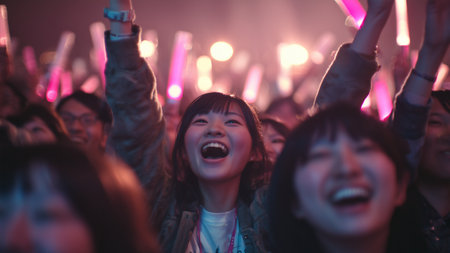 crowd cheering at a live concert in front of a bright stageの素材