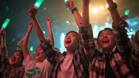 Cheering crowd in front of a concert stage at a music festivalの素材