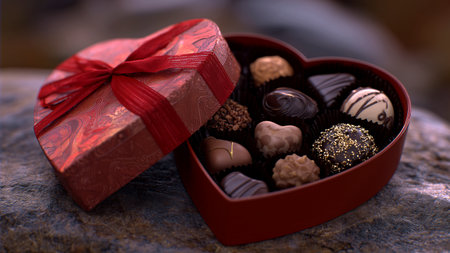 Heart shaped box of chocolates with red ribbon on stone backgroundの素材