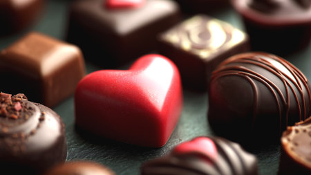 Chocolate candies with heart on green background, closeup viewの素材