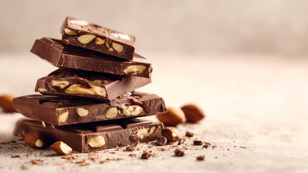 Pieces of chocolate with nuts on a light background. Selective focus.の素材