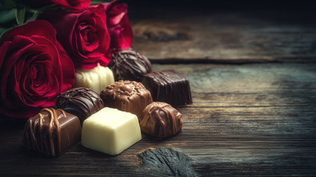 Valentine's day background with roses and chocolate on wooden boardの素材