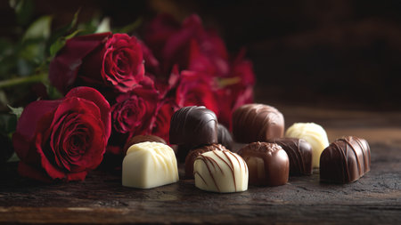 Red roses and chocolate candies on wooden table. Valentines day backgroundの素材