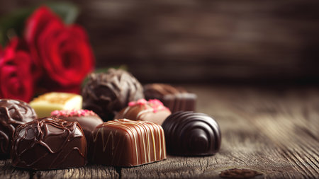 Assorted chocolate candies on wooden table. Valentines day backgroundの素材