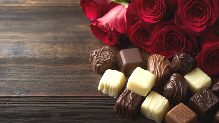 Delicious chocolate candies with roses on wooden table, closeupの素材