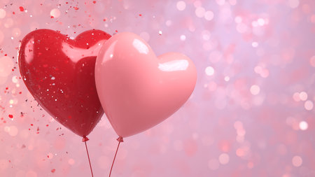 Valentine's day background with two red heart shaped balloons on pink bokeh backgroundの素材
