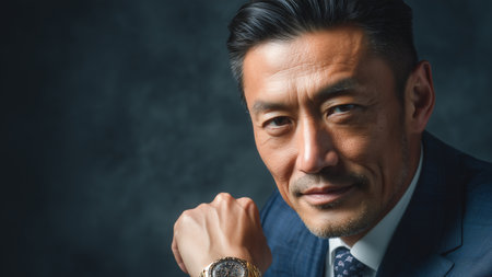 Portrait of confident mature Asian businessman in suit on dark background.の素材