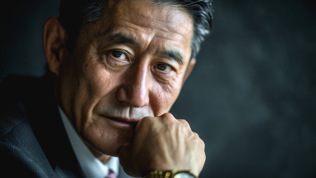 Portrait of senior Asian businessman thinking and looking at the camera.の素材