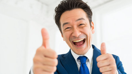 Happy asian businessman showing thumbs up gesture. Successful business concept.の素材