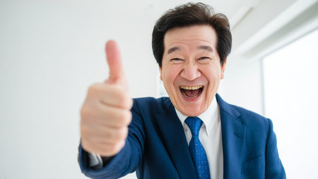 Portrait of happy asian senior businessman showing thumbs up gesture.の素材