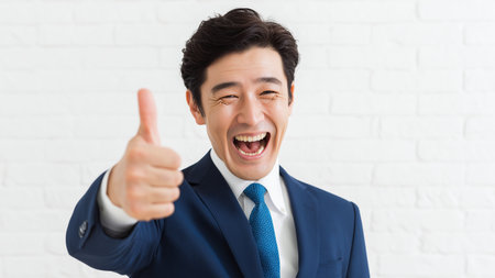 Portrait of a happy young asian businessman showing thumbs up gestureの素材