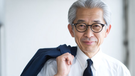 Portrait of asian senior business man with eyeglasses in officeの素材