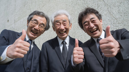 Asian senior business people smile and show thumbs up in the city.の素材