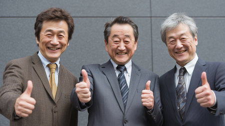 Three asian business men giving thumbs up in front of office buildingの素材
