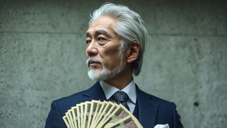 Japanese senior man with a fan of money in his hand, portraitの素材