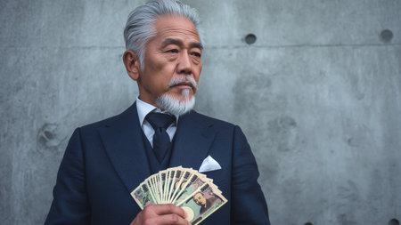 Portrait of senior businessman holding money against concrete wall in office buildingの素材