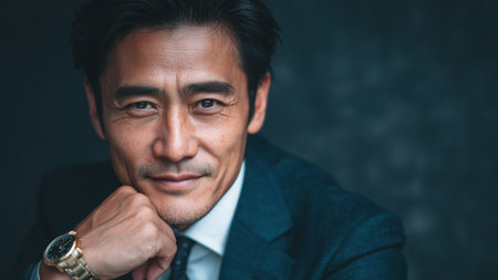 Portrait of handsome asian business man looking at camera on dark backgroundの素材