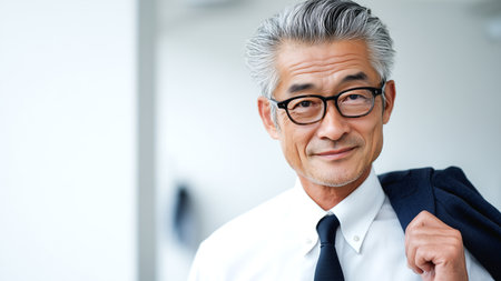 Portrait of smiling senior businessman in eyeglasses standing in officeの素材