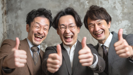 Group of happy asian business people showing thumbs up. Success concept.の素材