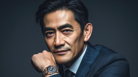 Portrait of handsome asian business man looking at camera on dark backgroundの素材