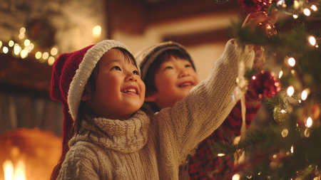 Cute little boy and girl decorating christmas tree at homeの素材