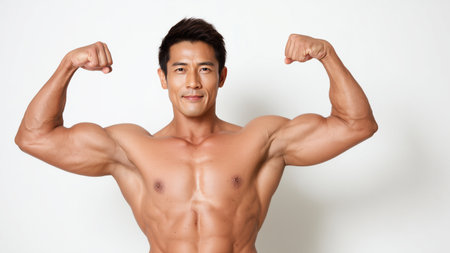 Muscular Asian man flexing his biceps on white background.の素材