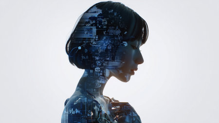 Digital composite of profile of woman with white background and blue network interfaceの素材