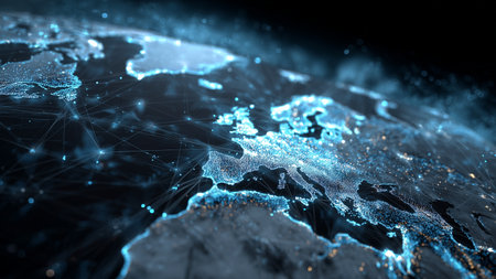 Global network connection covering the world map. 3D rendering toned imageの素材