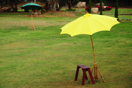 Patio umbrella with bench in the gardenの写真素材