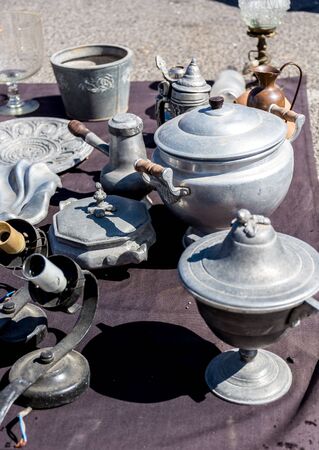 Antique and unique items on a flea market in Portugalの写真素材