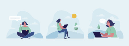 Womens freelance. girl with laptop sitting on bench in park. concept illustration for working...