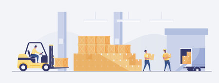 Warehouse Interior with Boxes On Rack And People Working. Logistic Delivery Service Concept. vector...