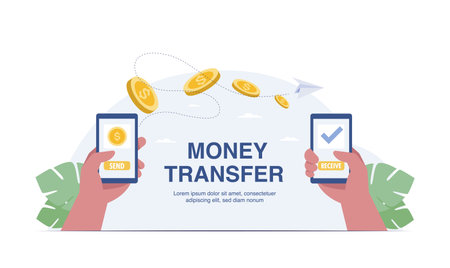 Mobile money transfer with hand holding mobile phone. vector illustrationのイラスト素材