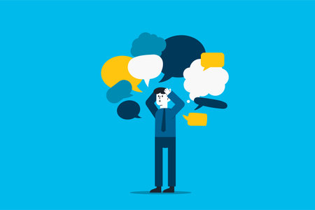 Businessman with speech bubble. thinking, ruminating, overthinking, stressful, looking for ideas.のイラスト素材