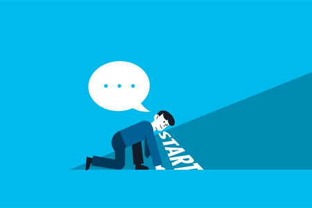 Businessman ready to sprint on starting line. Starting career concept. focus and willingness concept, confidence motivated businessman be prepared at start race line and ready to win the competitionのイラスト素材