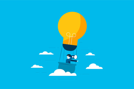 Search for new business opportunity, idea or inspiration, business visionary, challenge or achievement concept, Businessman in hot air balloon searching for opportunityのイラスト素材
