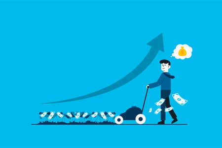 Return on investment performance measure from cost invested. Businessman cuts money like a lawnmower man concept.のイラスト素材