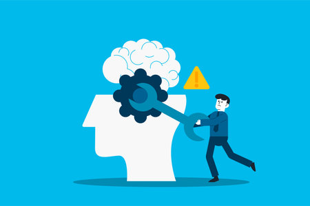 Fixing thinking process. Brain Thinking Gear. man fix and lubricate gear cogs on his brain head