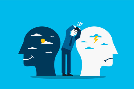 Imposter syndrome; masks with happy or sad expressions.Bipolar disorder; fake faces and emotions. Psychology; false behavior or deceiver.のイラスト素材