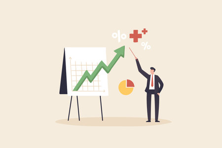 Businessmen report annual profits or earnings from investments. Business presentation, professional speaker to present work progress or investment portfolio concept.のイラスト素材