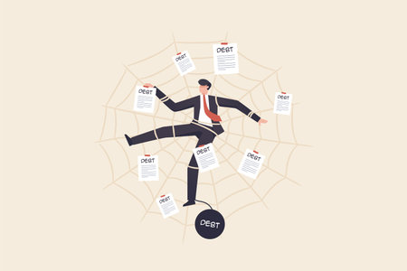 Liabilities, debt collection documents, debt settlement, financial failure or investment risks, bankruptcy.&#xA;Businessman trapped in a spider web like owing debt.のイラスト素材